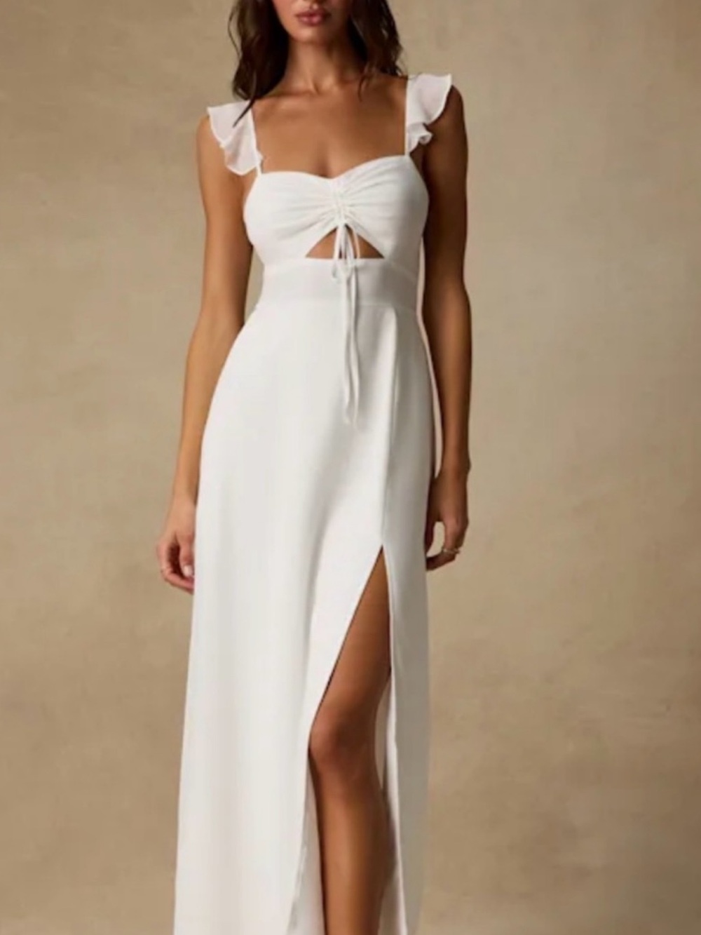Lulu's White Ruffle Strap Maxi Dress with Front Tie and High Slit